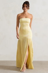 Lemon Satin Bandeau Pleated Split Maxi Dress